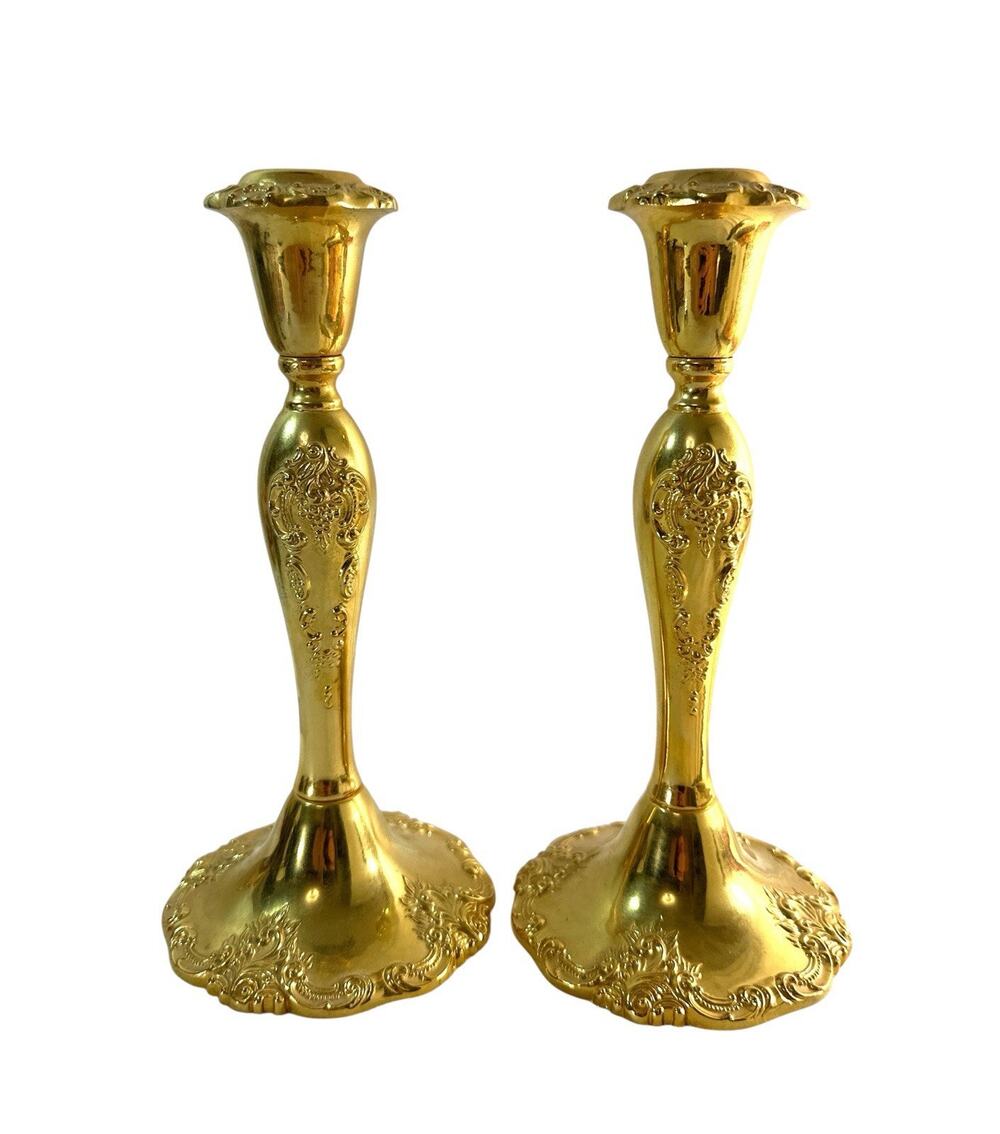 Vintage Gold Tone Ornate Candlesticks Pair 8” Rococo Baroque Candle Holders